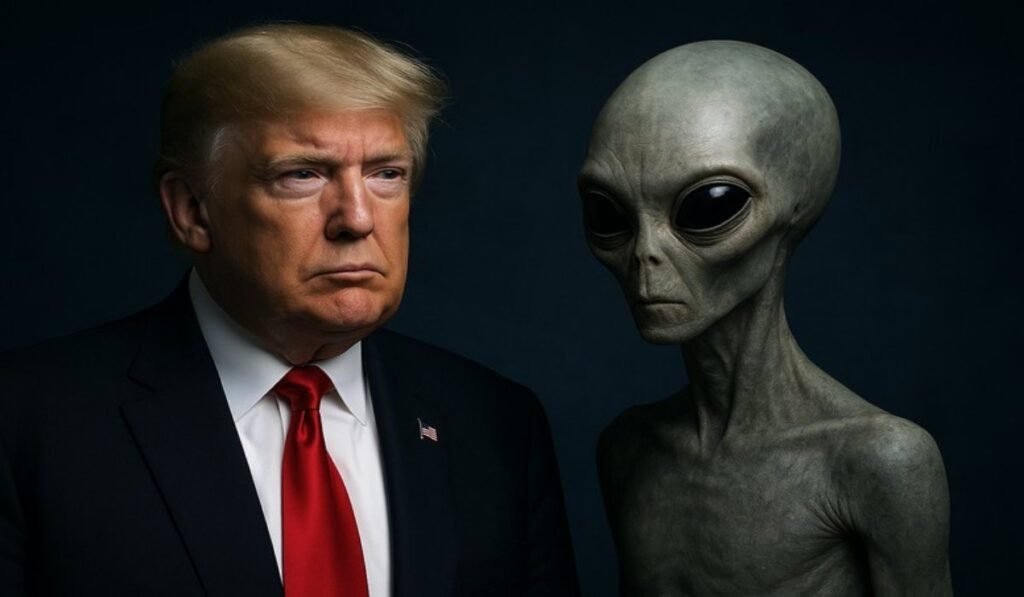 Ο Τραμπ φέρεται να έχει «πλήρη ενημέρωση» για UFO και εξωγήινη ζωή ανάμεσα στους ανθρώπους Άνθρωπος με κοστούμι δίπλα σε εξωγήινο πλάσμα