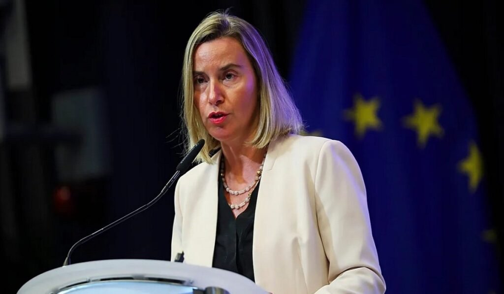 Γυναίκα μιλά σε συνέδριο με σημαία ΕΕ πίσω