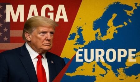Ο Τραμπ, οι «σκληροί» ηγέτες και η Ευρώπη που μένει εκτός παιχνιδιού Άνδρας μπροστά από χάρτη Ευρώπης και αμερικανική σημαία