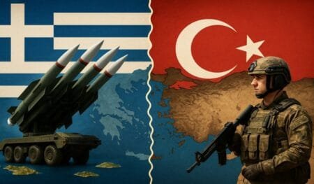 Ελληνοτουρκική στρατιωτική ένταση με σημαίες και όπλα
