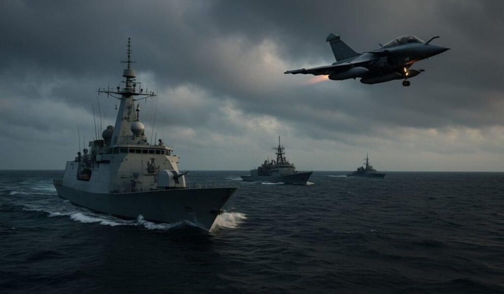 Πολεμικά πλοία και μαχητικό αεροσκάφος στη θάλασσα