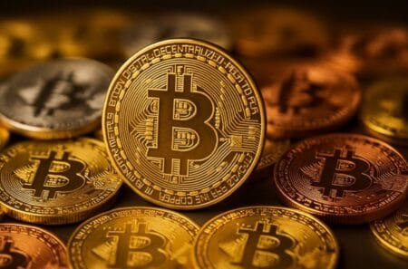 Χρυσά νομίσματα Bitcoin σε κοντινή λήψη