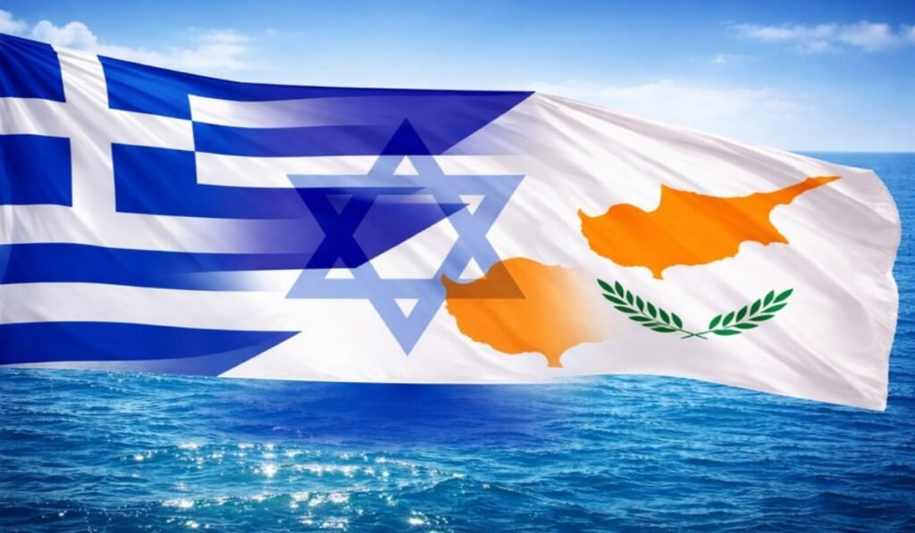 Σημαίες Ελλάδας, Ισραήλ και Κύπρου πάνω από θάλασσα