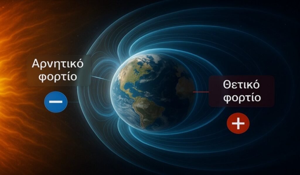 Μαγνητικό πεδίο της Γης με θετικό και αρνητικό φορτίο