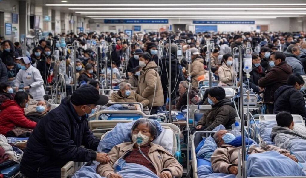 Ασφυκτική Πίεση στα Νοσοκομεία της Κίνας από την Έξαρση H3-N2 Υπερπλήρες νοσοκομείο με ασθενείς και ιατρικό προσωπικό
