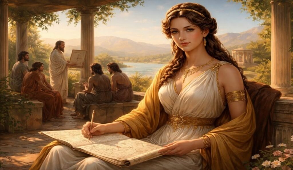 Αρχαία Ελληνίδα συγγραφέας γράφει σε κήπο φιλοσόφων