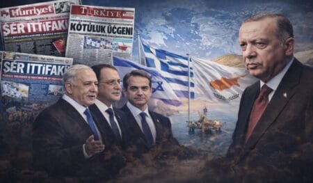Τουρκικός Τύπος σε έξαρση για την Τριμερή Ελλάδας – Κύπρου – Ισραήλ: «Αντιτουρκικός άξονας» και νευρικότητα στην Άγκυρα Πολιτικοί με σημαίες Ελλάδας, Ισραήλ και Κύπρου.