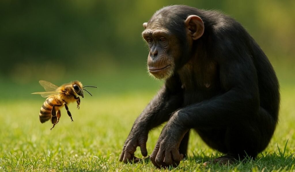 Μέλισσα πετά μπροστά από χιμπατζή στο γρασίδι