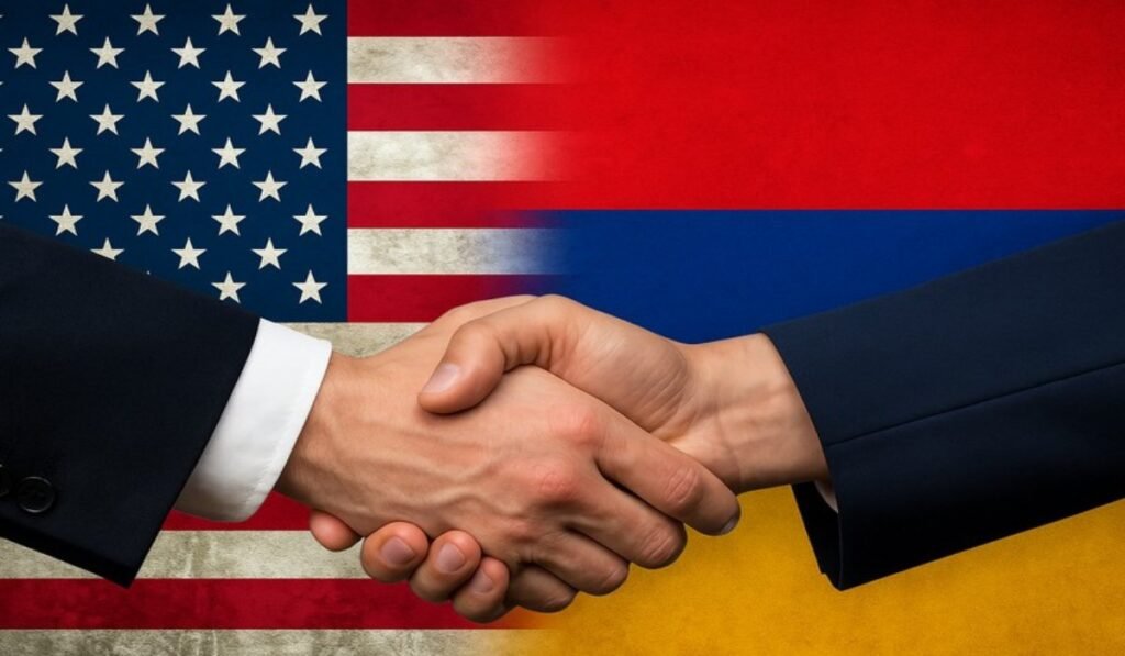 Χειραψία μπροστά από αμερικανική και αρμενική σημαία