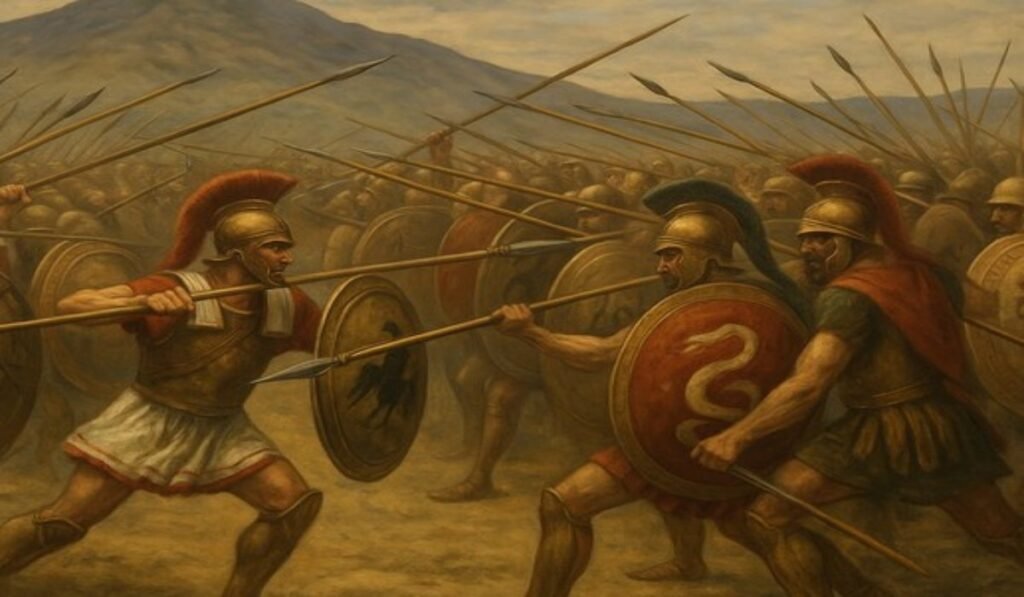 Τι γράφει ο Παυσανίας για τη Μάχη των Υσιών Αρχαίοι Έλληνες πολεμιστές μάχονται με δόρατα και ασπίδες