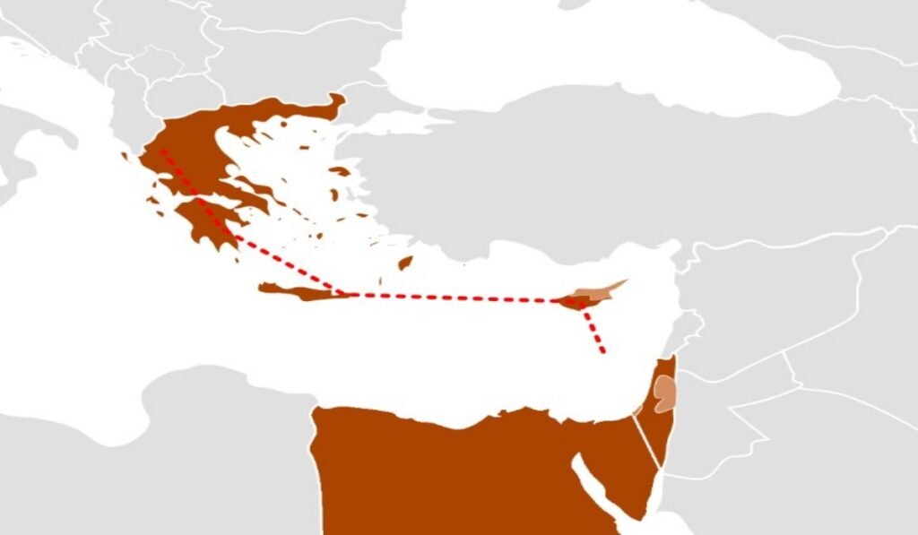 Χάρτης με διαδρομή από Ελλάδα προς Κύπρο