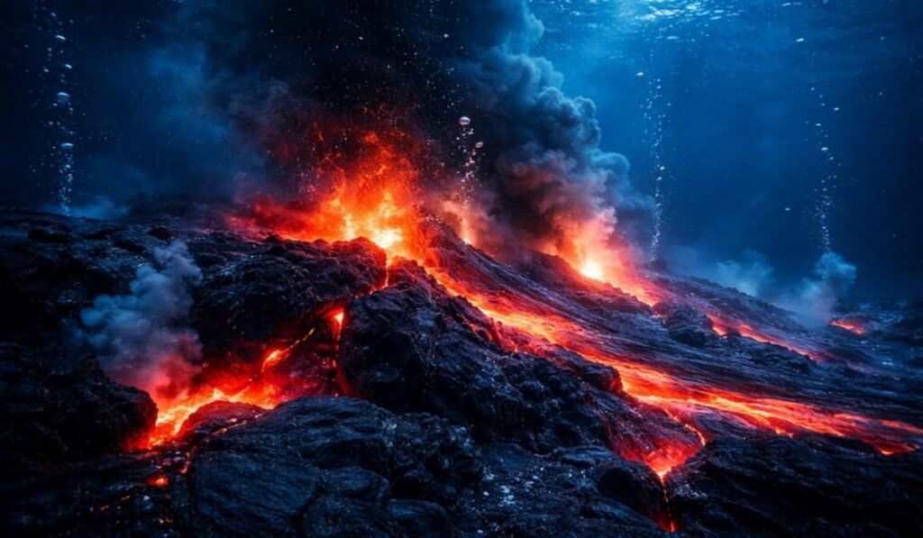 Υποθαλάσσια έκρηξη ηφαιστείου με λάβα και καπνό