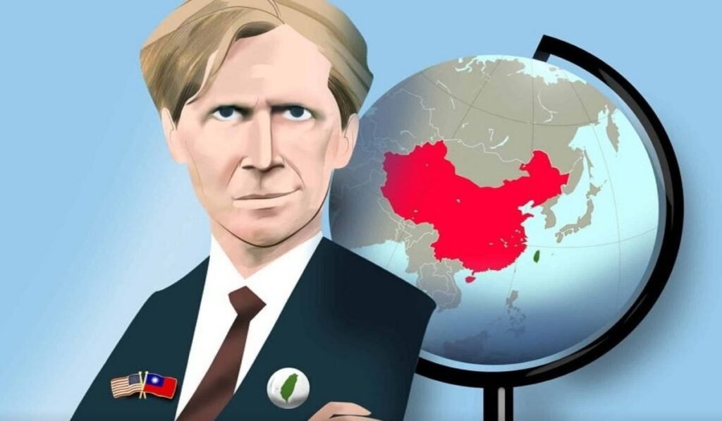 Γελοιογραφία άνδρα μπροστά από χάρτη Κίνας