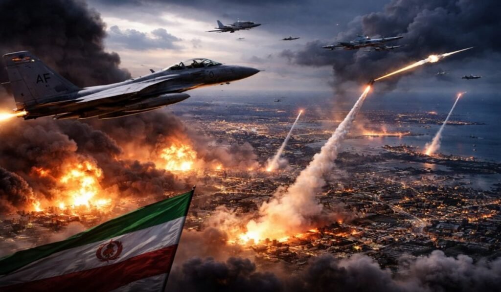 Αεροπορική μάχη πάνω από φλεγόμενη πόλη