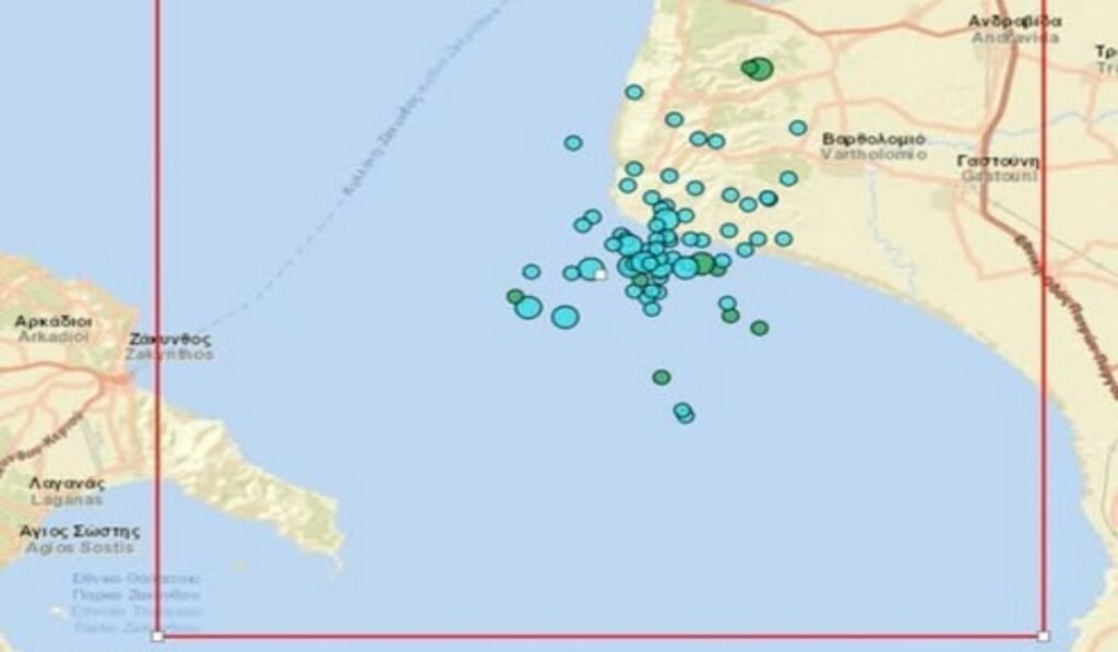 Χάρτης σεισμικών δονήσεων κοντά στη Ζάκυνθο