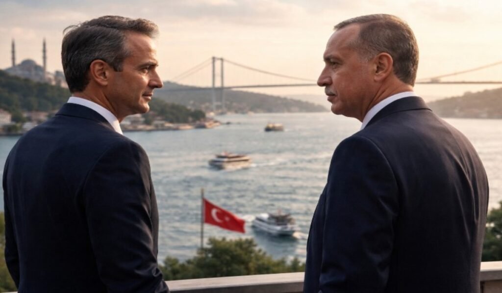 Πώς βλέπουν τα τουρκικά ΜΜΕ τη συνάντηση Μητσοτάκη–Ερντογάν: «Ήρεμη», ελεγχόμενη και χωρίς αυταπάτες Δύο άνδρες συνομιλούν με θέα το Βόσπορο.