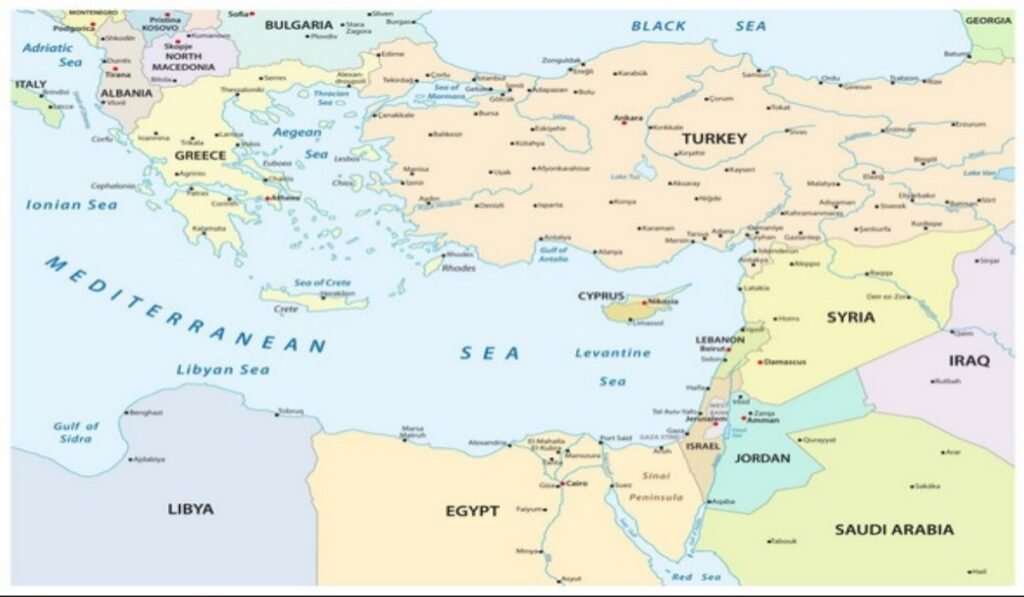 Ελληνοτουρκικά & Ανατολική Μεσόγειος: Στρατηγική Ισορροπία και Ρόλος της Ελλάδας Χάρτης Ανατολικής Μεσογείου με Ελλάδα και Τουρκία σε γεωπολιτική ανάλυση