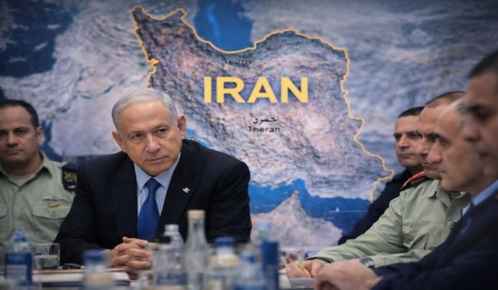 Νετανιάχου και ισραηλινή ηγεσία σε συνεδρίαση ασφαλείας με φόντο χάρτη Ιράν