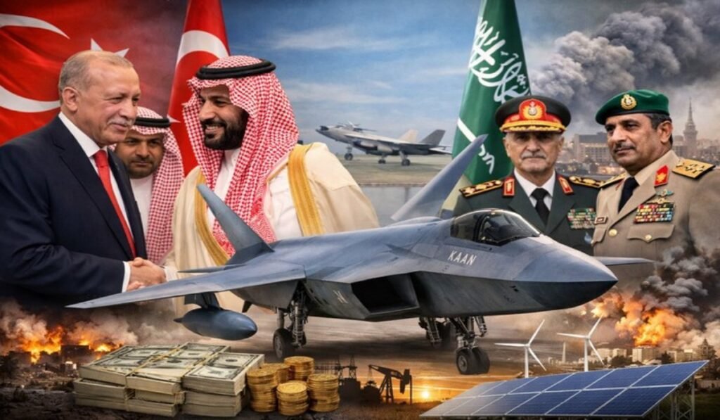 Ερντογάν και Σαουδάραβες αξιωματούχοι με φόντο το KAAN