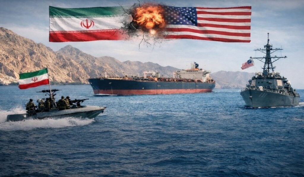 Στενό του Ορμούζ με ιρανικές και αμερικανικές ναυτικές δυνάμεις και δεξαμενόπλοιο πετρελαίου
