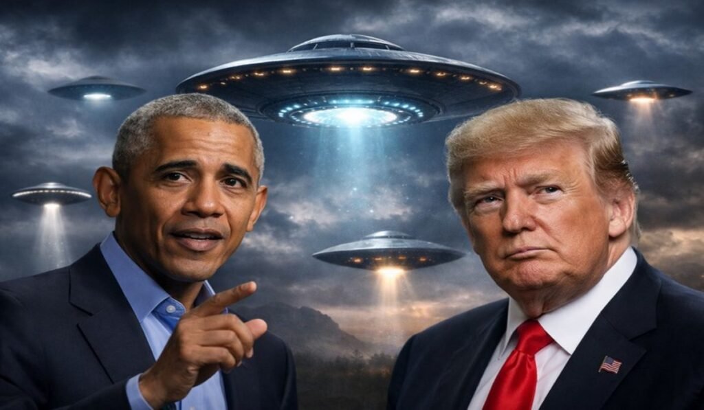 Ομπάμα και Τραμπ σε δημόσιες δηλώσεις με φόντο εικόνες UFO και γαλαξία