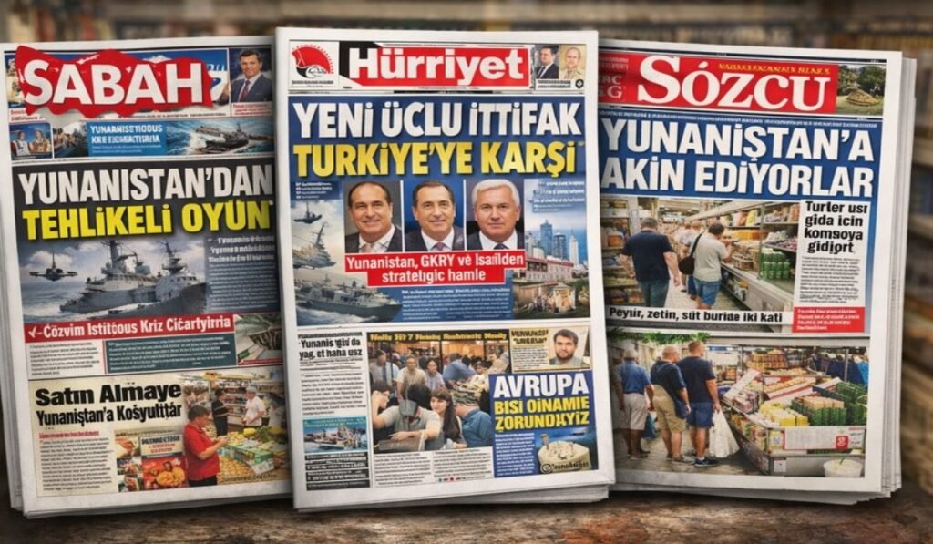 Πρωτοσέλιδα τουρκικών εφημερίδων Sabah Hürriyet Sözcü με αναφορές στην Ελλάδα