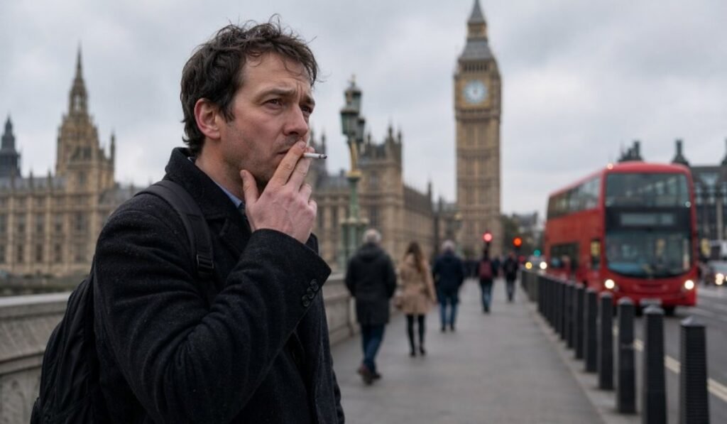 Καπνιστής στο Λονδίνο μετά την έγκριση της ιστορικής απαγόρευσης αγοράς καπνού