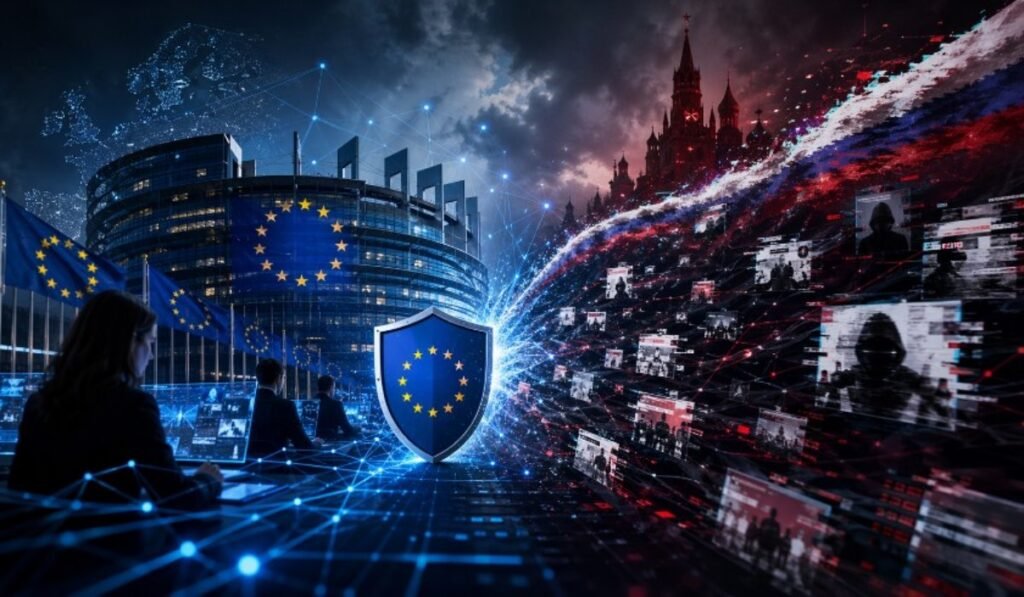 Ευρωπαϊκή Ένωση και παραπληροφόρηση με φόντο ψηφιακά δίκτυα