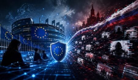 Ευρωπαϊκή Ένωση και παραπληροφόρηση με φόντο ψηφιακά δίκτυα