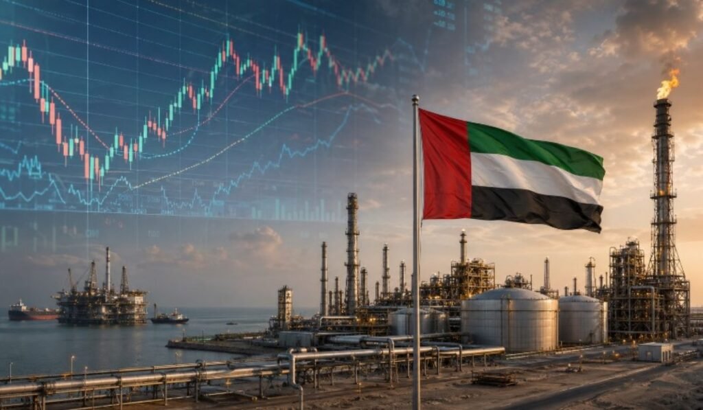Εγκαταστάσεις πετρελαίου στον Περσικό Κόλπο με σημαία των Ηνωμένων Αραβικών Εμιράτων