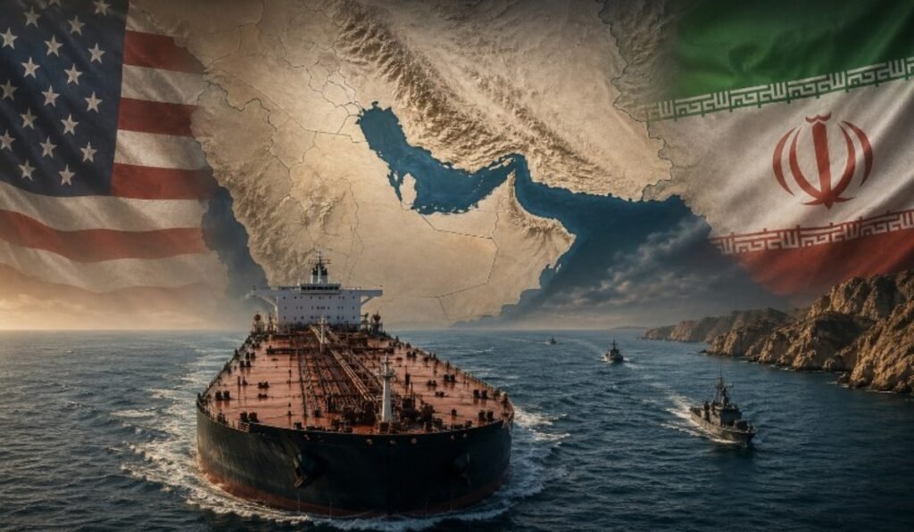 Τάνκερ στα Στενά του Ορμούζ με φόντο χάρτη της Μέσης Ανατολής