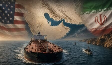 Τάνκερ στα Στενά του Ορμούζ με φόντο χάρτη της Μέσης Ανατολής