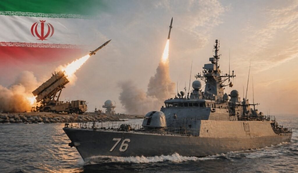 Ιρανικό πολεμικό πλοίο στον Περσικό Κόλπο με φόντο πυραυλικά συστήματα