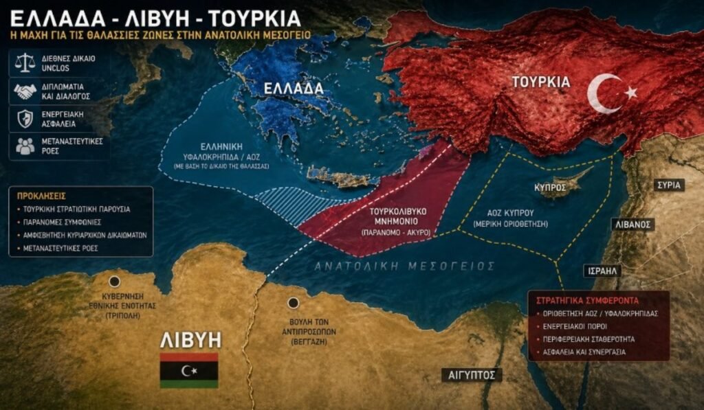 Γεωπολιτικός χάρτης Ελλάδας Λιβύης και Τουρκίας στην Ανατολική Μεσόγειο