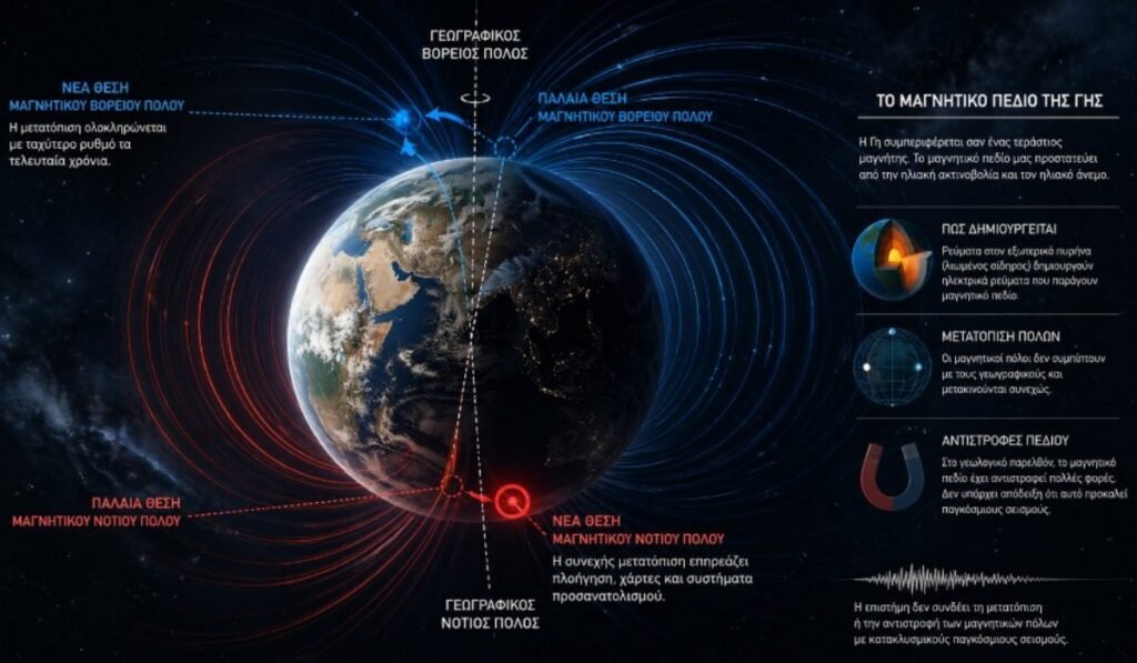 Γη με μαγνητικό πεδίο και μετατόπιση μαγνητικών πόλων σε σκοτεινό γεωφυσικό φόντο