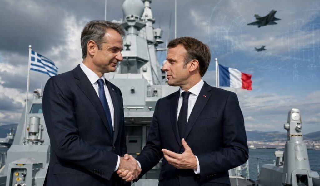 Κυριάκος Μητσοτάκης και Εμανουέλ Μακρόν στη φρεγάτα Κίμων