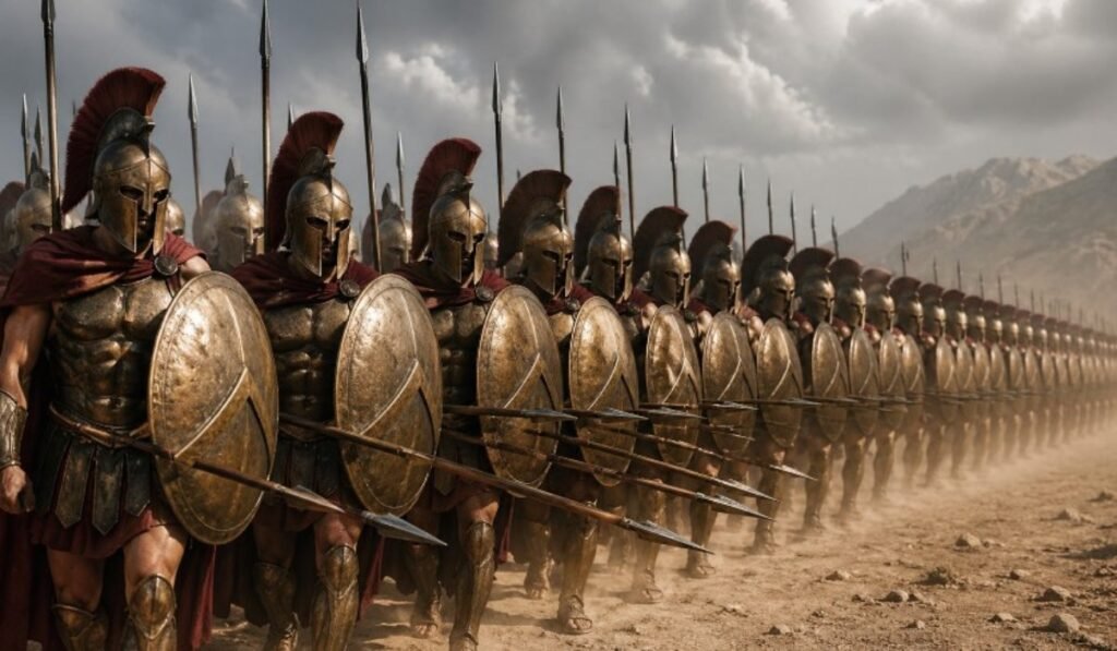 Αρχαίοι Σπαρτιάτες οπλίτες σε σχηματισμό φάλαγγας με δόρατα