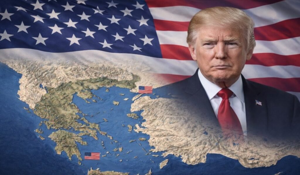 χάρτη της Ελλάδας με τις δύο σημαίες και φόντο τον Τραμπ με την αμερικανική σημαία.
