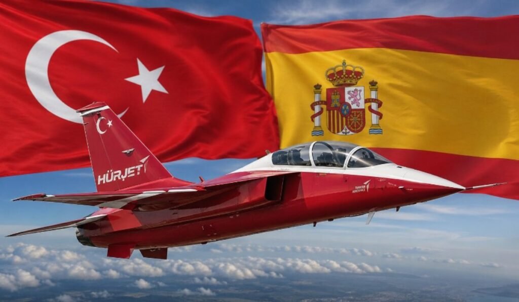 Τουρκικό εκπαιδευτικό αεροσκάφος HÜRJET με φόντο σημαίες Τουρκίας και Ισπανίας