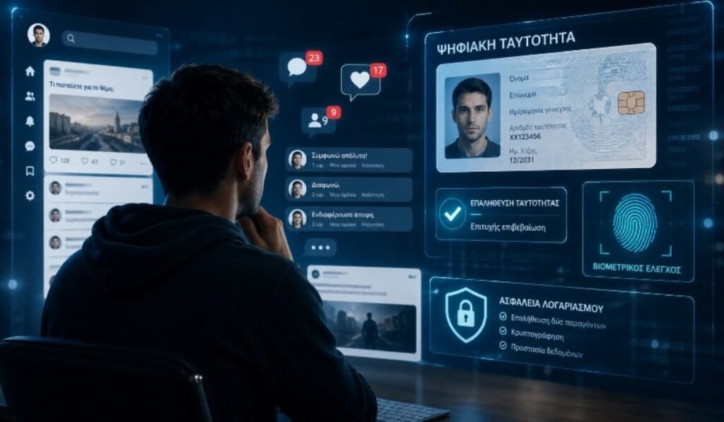 Χρήστης μπροστά σε οθόνη με social media και ψηφιακή ταυτότητα