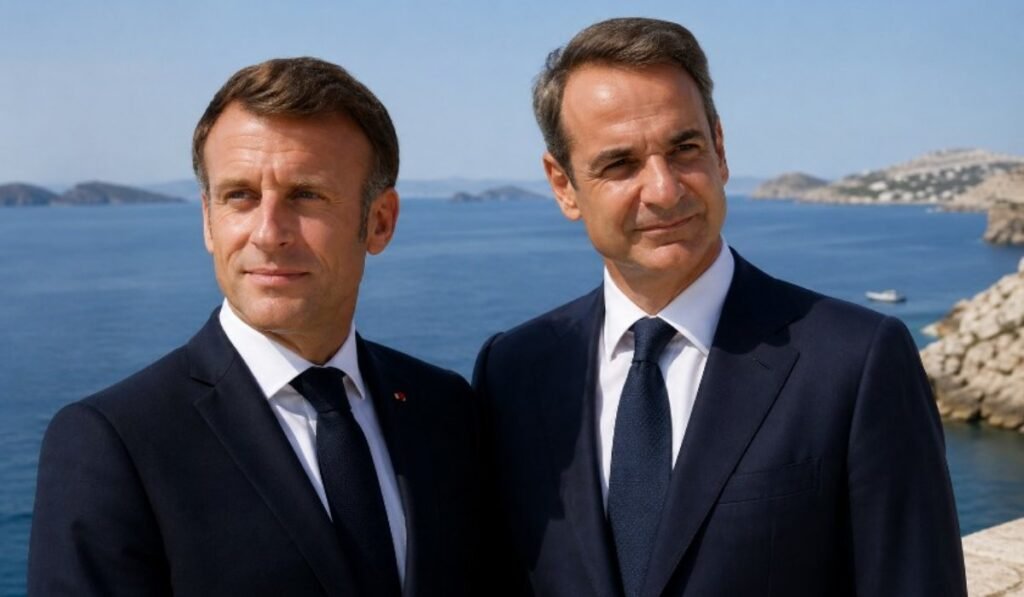 Ο Εμανουέλ Μακρόν και ο Κυριάκος Μητσοτάκης με φόντο το Αιγαίο