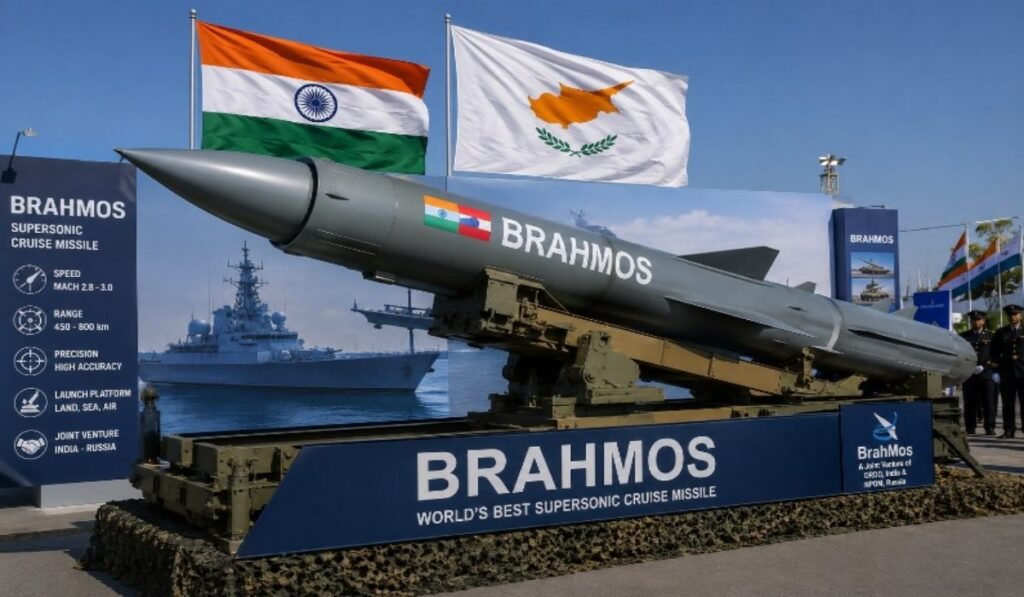 BrahMos στην Κύπρο: Η Ινδία φέρνει υπερηχητική «ασπίδα» στην Ανατολική Μεσόγειο Υπερηχητικός πύραυλος BrahMos σε στρατιωτική παρουσίαση με φόντο σημαίες Ινδίας και Κύπρου