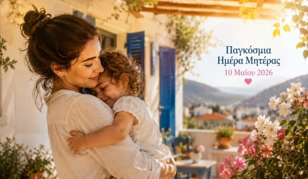 Μητέρα κρατά το παιδί της με φόντο ελληνικό σπίτι και ανοιξιάτικο φως