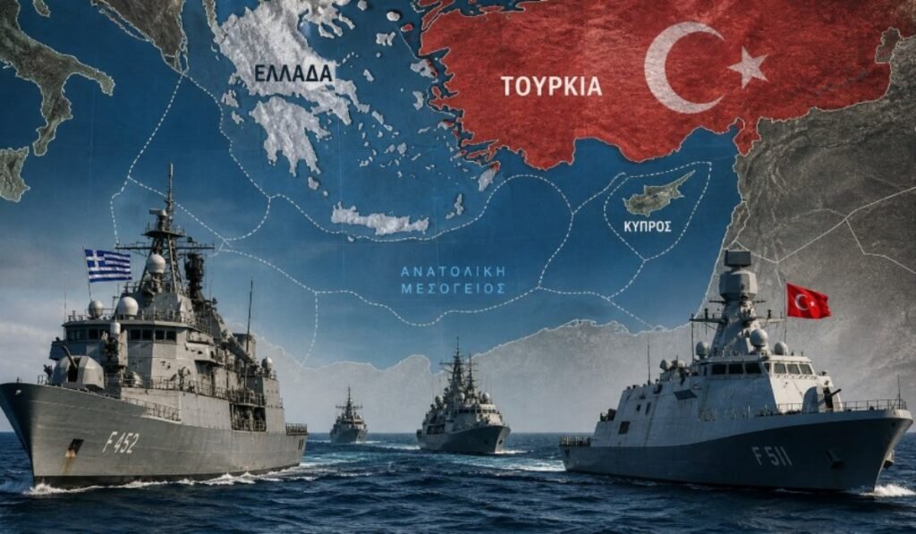 Πολεμικά πλοία στη Μεσόγειο με φόντο χάρτη Ελλάδας, Τουρκίας