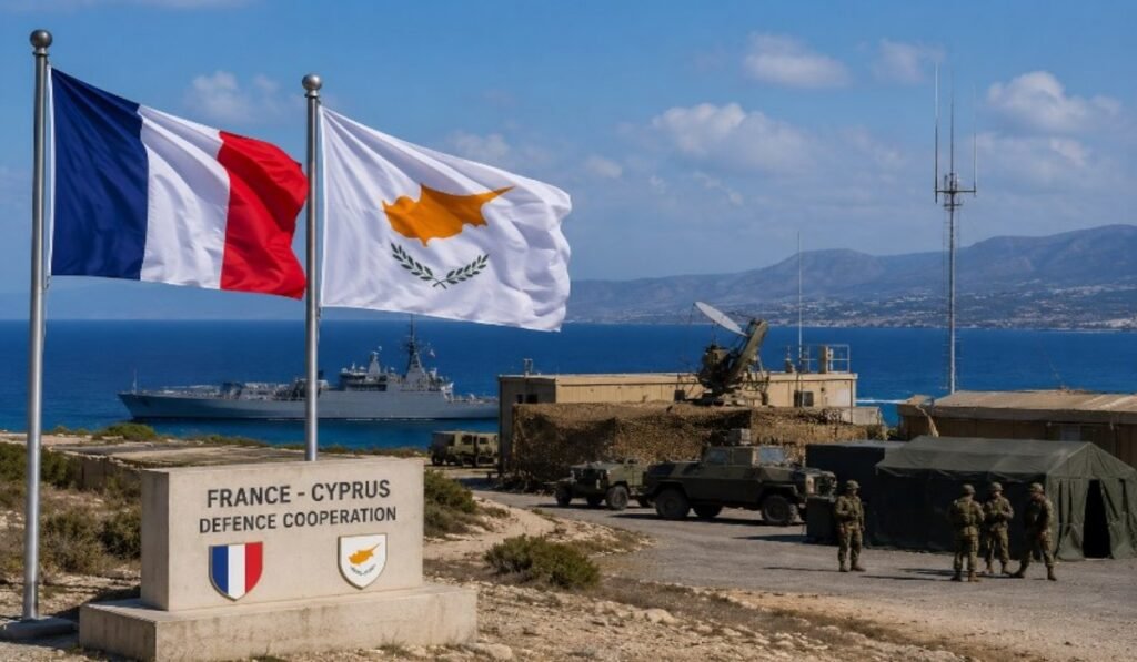 Γαλλικές και κυπριακές σημαίες δίπλα σε στρατιωτικές εγκαταστάσεις στην Ανατολική Μεσόγειο.