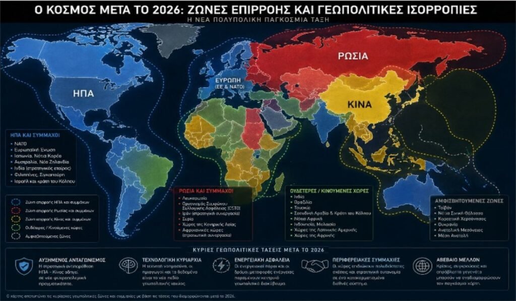 Η Παγκόσμια Τάξη μετά το 2026: Τα τρία σενάρια που θα καθορίσουν τον 21ο αιώνα Χάρτης του κόσμου με ΗΠΑ, Κίνα, Ρωσία και γεωπολιτικές ζώνες επιρροής μετά το 2026