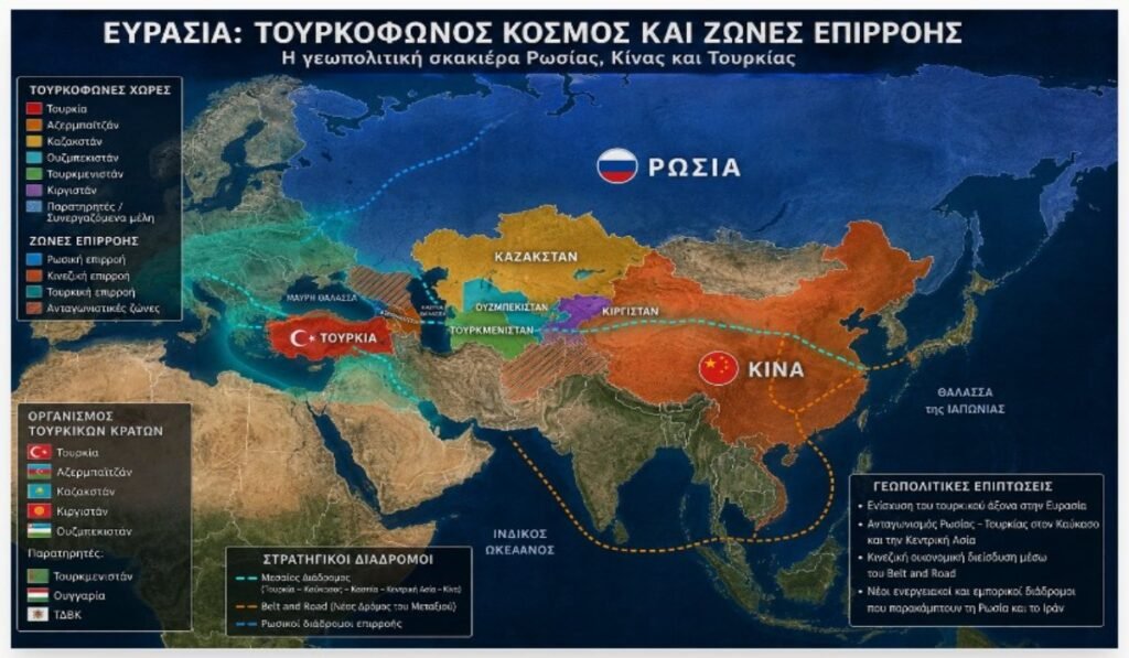 Παντουρκισμός: Γιατί η Ρωσία τον θεωρεί γεωπολιτική απειλή και ποιες μεγάλες δυνάμεις ανησυχούν Χάρτης της Ευρασίας με τις τουρκόφωνες χώρες και τις ζώνες επιρροής Ρωσίας, Κίνας και Τουρκίας