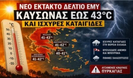 Νέο έκτακτο δελτίο ΕΜΥ: Καύσωνας έως 43°C και ισχυρές καταιγίδες – Οι περιοχές που βρίσκονται στο επίκεντρο Νέο έκτακτο δελτίο της ΕΜΥ