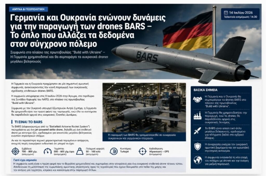 Γερμανία και Ουκρανία ενώνουν δυνάμεις για την παραγωγή των νέων drones BARS – Το όπλο που αλλάζει τα δεδομένα στον σύγχρονο πόλεμο Η Γερμανία και η Ουκρανία υπέγραψαν συμφωνία για την κοινή παραγωγή των drones BARS