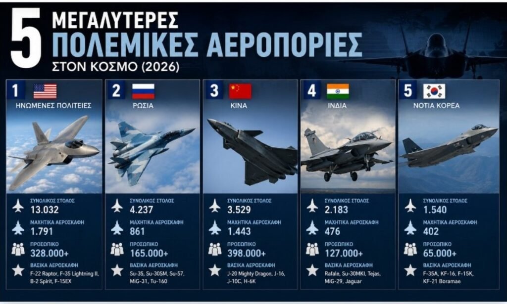 Οι 5 μεγαλύτερες Πολεμικές Αεροπορίες στον κόσμο το 2026 – Οι υπερδυνάμεις που κυριαρχούν στους αιθέρες Οι 5 μεγαλύτερες Πολεμικές Αεροπορίες στον κόσμο